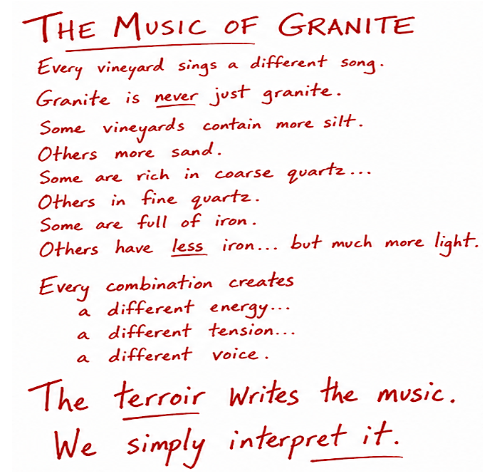 The music of granite. The terroir writes the music, we simply interpret it.