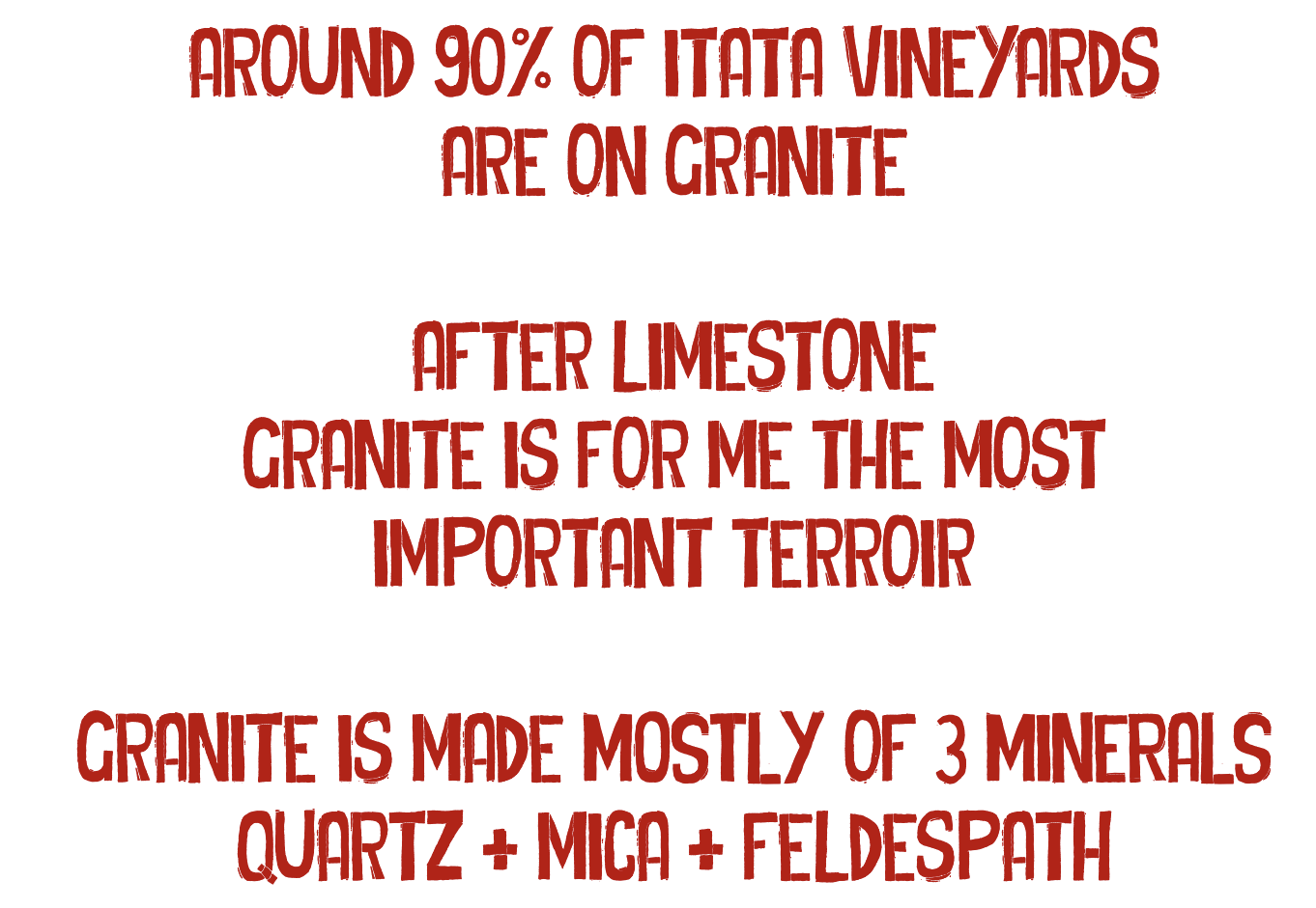 Around 90% of Itata vineyards are on granite. Granite is made mostly of 3 minerals: quartz, mica and feldespath.