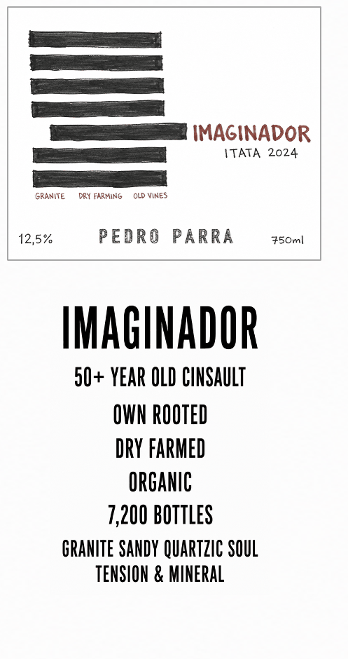 Imaginador — 50+ year old cinsault, own rooted, dry farmed, organic, 7.200 bottles, granite sandy quartzic soul, tension and mineral